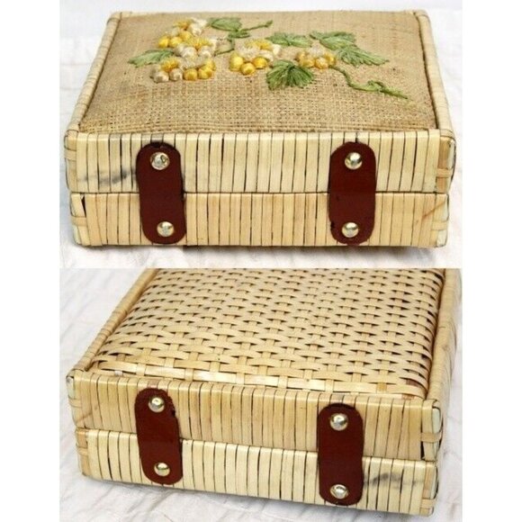 Vtg 1970s Straw Handbag Tote Purse Bag Boho Beach Vacation Cruise Embroidered - Picture 4 of 15